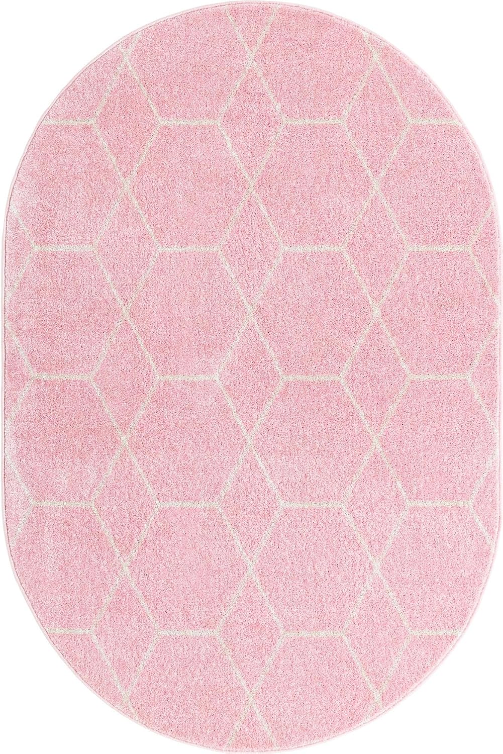 Lattice Frieze Rug – 4' 1 x 6' 1 Oval Light Pink Easy-Clean Area Rug – Modern Trellis Pattern, Soft for Bedrooms and Nurseries