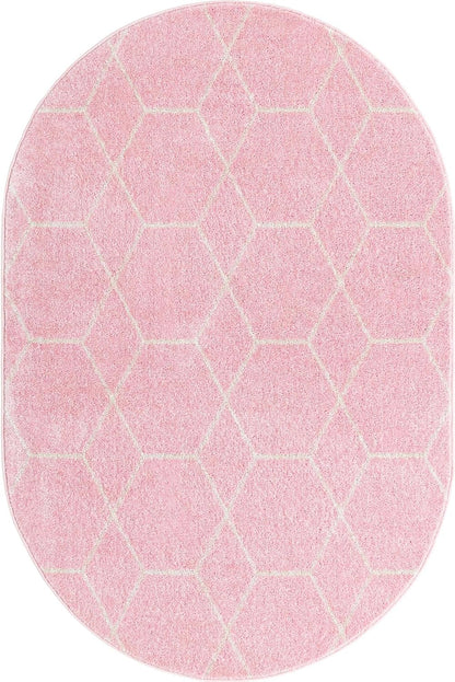 Lattice Frieze Rug – 4' 1 x 6' 1 Oval Light Pink Easy-Clean Area Rug – Modern Trellis Pattern, Soft for Bedrooms and Nurseries