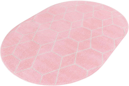 Lattice Frieze Rug – 4' 1 x 6' 1 Oval Light Pink Easy-Clean Area Rug – Modern Trellis Pattern, Soft for Bedrooms and Nurseries