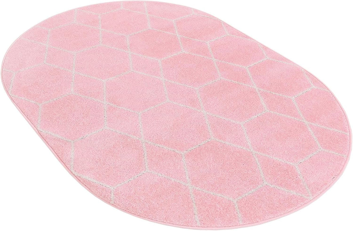Lattice Frieze Rug – 4' 1 x 6' 1 Oval Light Pink Easy-Clean Area Rug – Modern Trellis Pattern, Soft for Bedrooms and Nurseries