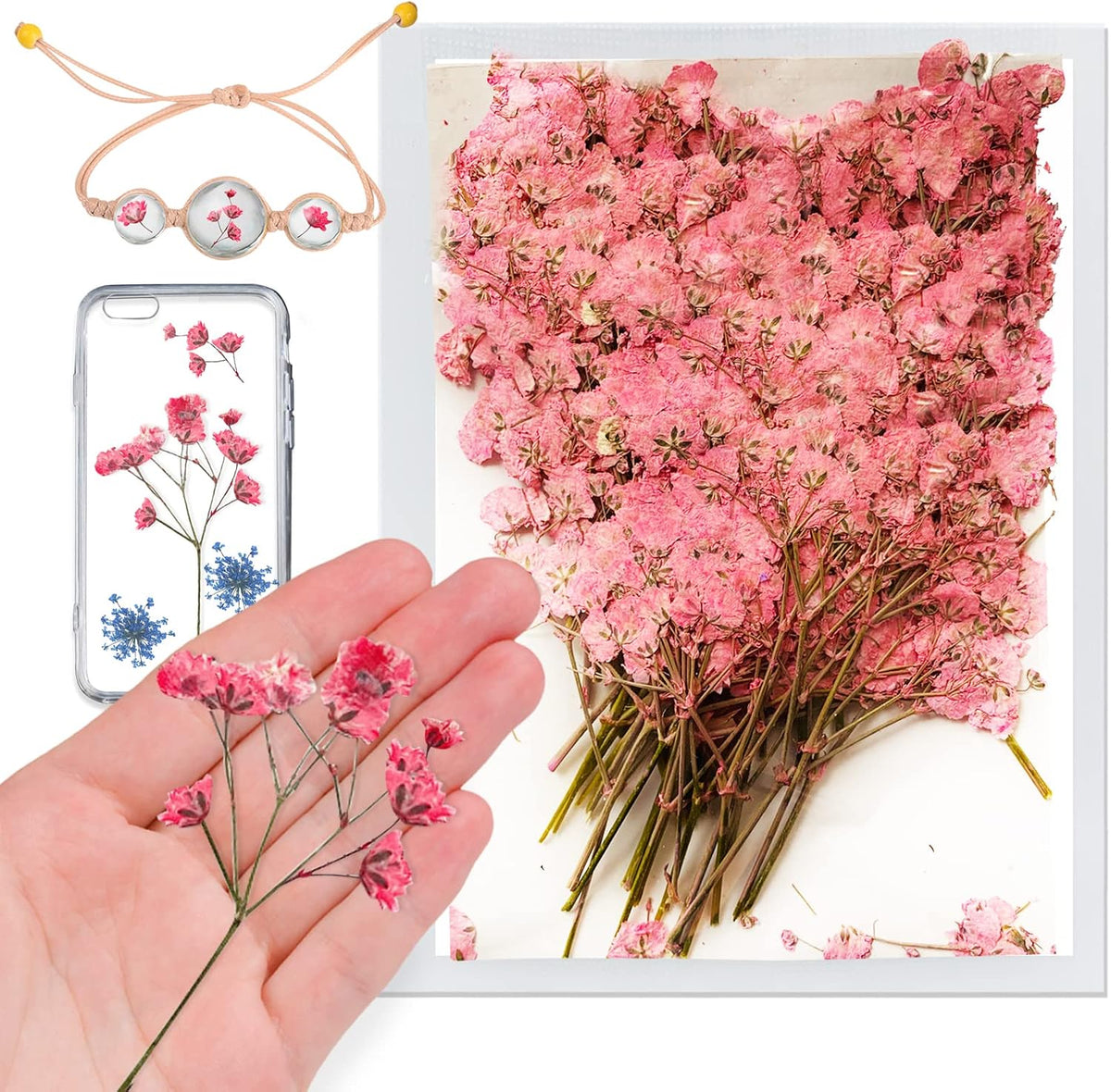 42PCS Pink Dried Pressed Flowers Babysbreath, Real Natural Dried Pressed Gypsophila Flowers with Stem, Dry Flowers for Resin DIY Phone Case Ornament Crafts Candle Making