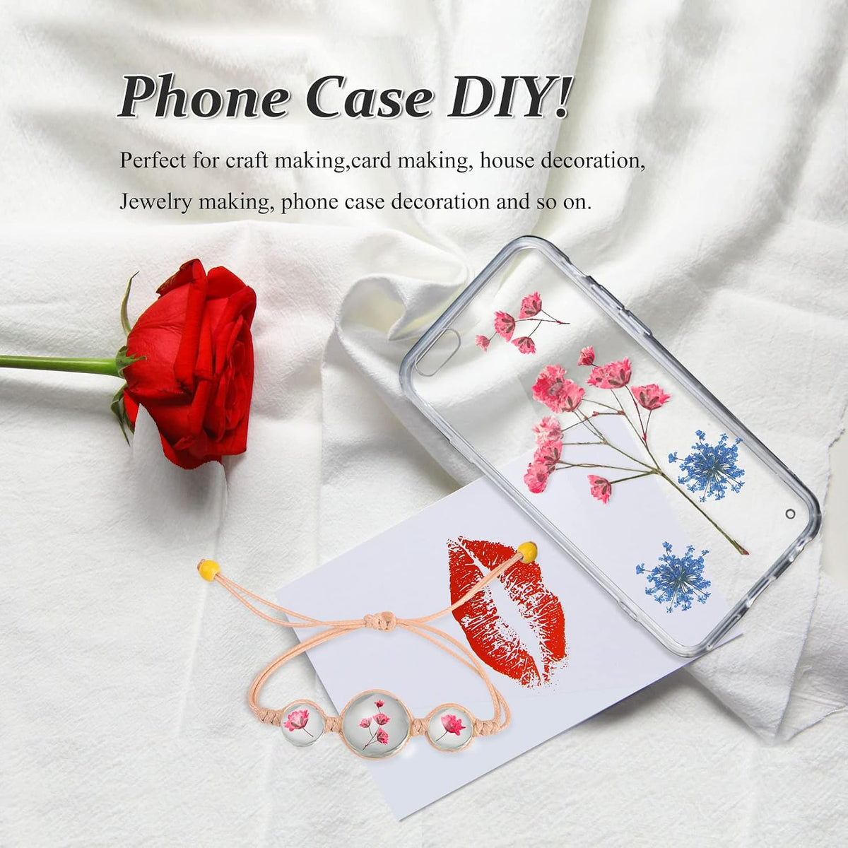 42PCS Pink Dried Pressed Flowers Babysbreath, Real Natural Dried Pressed Gypsophila Flowers with Stem, Dry Flowers for Resin DIY Phone Case Ornament Crafts Candle Making