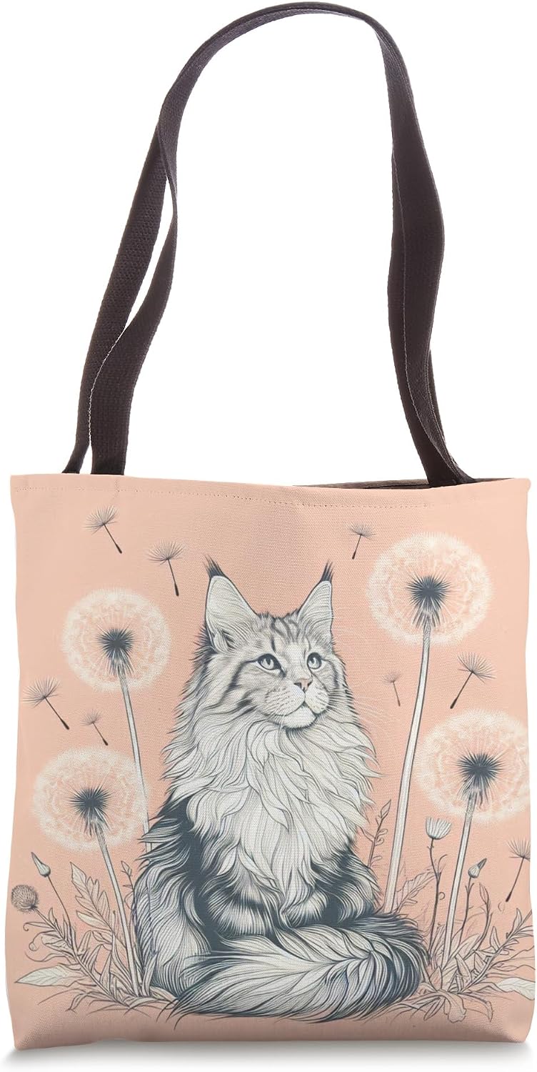 Maine Coon Cat Dandelion Spread Floral Sketch - Peach Pink Tote Bag