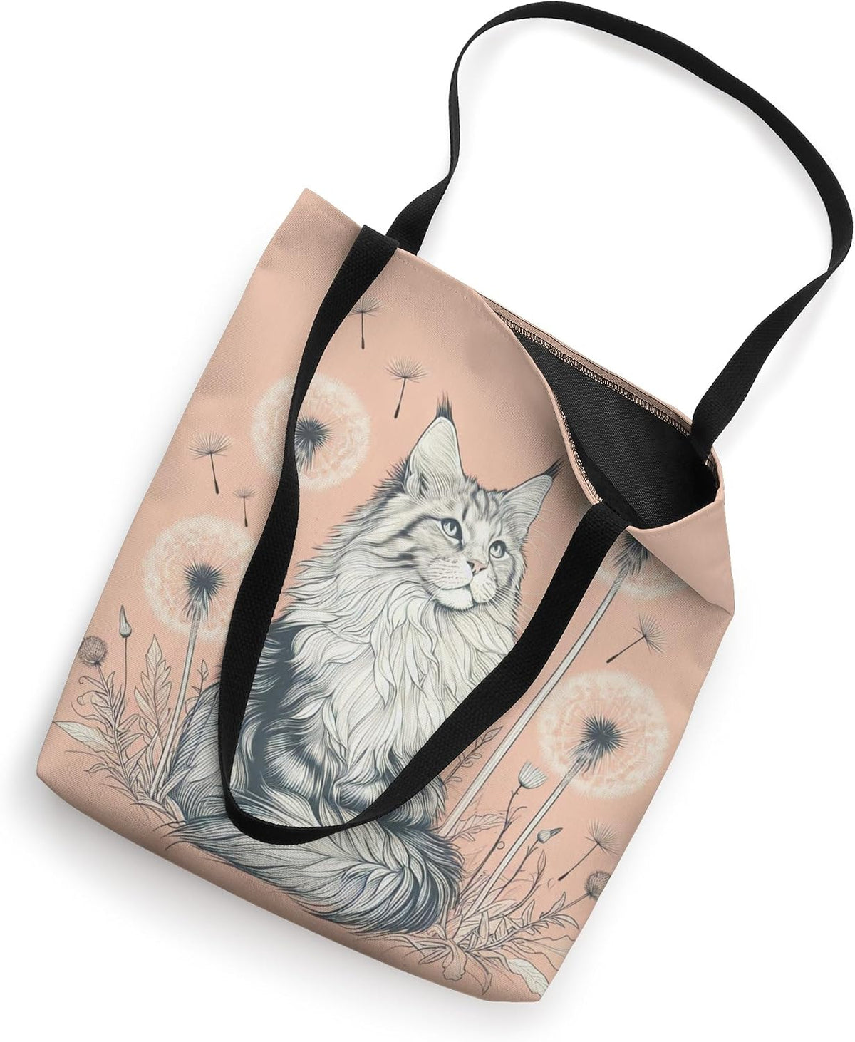 Maine Coon Cat Dandelion Spread Floral Sketch - Peach Pink Tote Bag