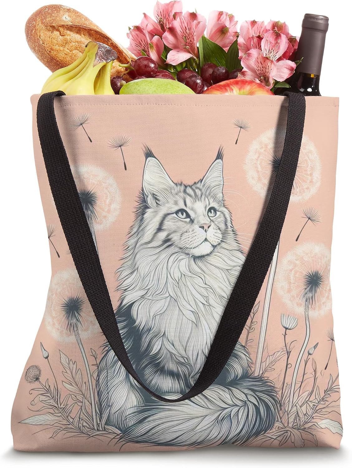 Maine Coon Cat Dandelion Spread Floral Sketch - Peach Pink Tote Bag