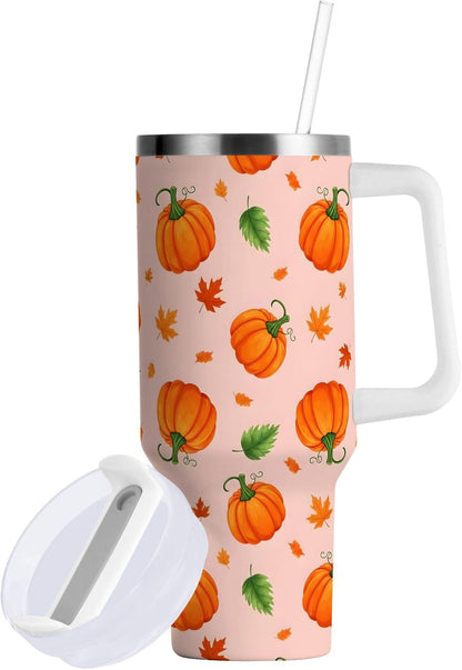 40 oz tumbler with handle and straw Pumpkin Leaves Pattern on Peach Stainless Steel Tumbler Leakproof Water Bottle Vacuum Insulated Cups With Lid Travel Mug For Car Cup Holder