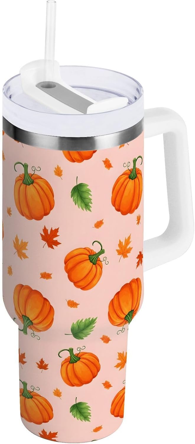 40 oz tumbler with handle and straw Pumpkin Leaves Pattern on Peach Stainless Steel Tumbler Leakproof Water Bottle Vacuum Insulated Cups With Lid Travel Mug For Car Cup Holder