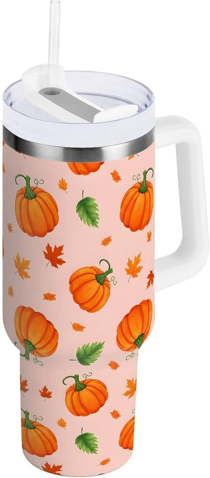 40 oz tumbler with handle and straw Pumpkin Leaves Pattern on Peach Stainless Steel Tumbler Leakproof Water Bottle Vacuum Insulated Cups With Lid Travel Mug For Car Cup Holder