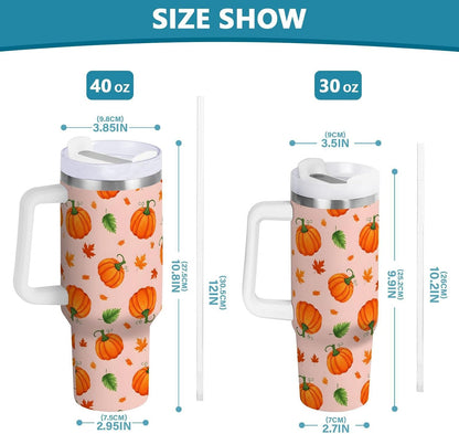40 oz tumbler with handle and straw Pumpkin Leaves Pattern on Peach Stainless Steel Tumbler Leakproof Water Bottle Vacuum Insulated Cups With Lid Travel Mug For Car Cup Holder