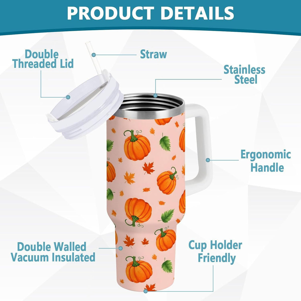 40 oz tumbler with handle and straw Pumpkin Leaves Pattern on Peach Stainless Steel Tumbler Leakproof Water Bottle Vacuum Insulated Cups With Lid Travel Mug For Car Cup Holder