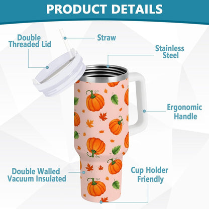 40 oz tumbler with handle and straw Pumpkin Leaves Pattern on Peach Stainless Steel Tumbler Leakproof Water Bottle Vacuum Insulated Cups With Lid Travel Mug For Car Cup Holder