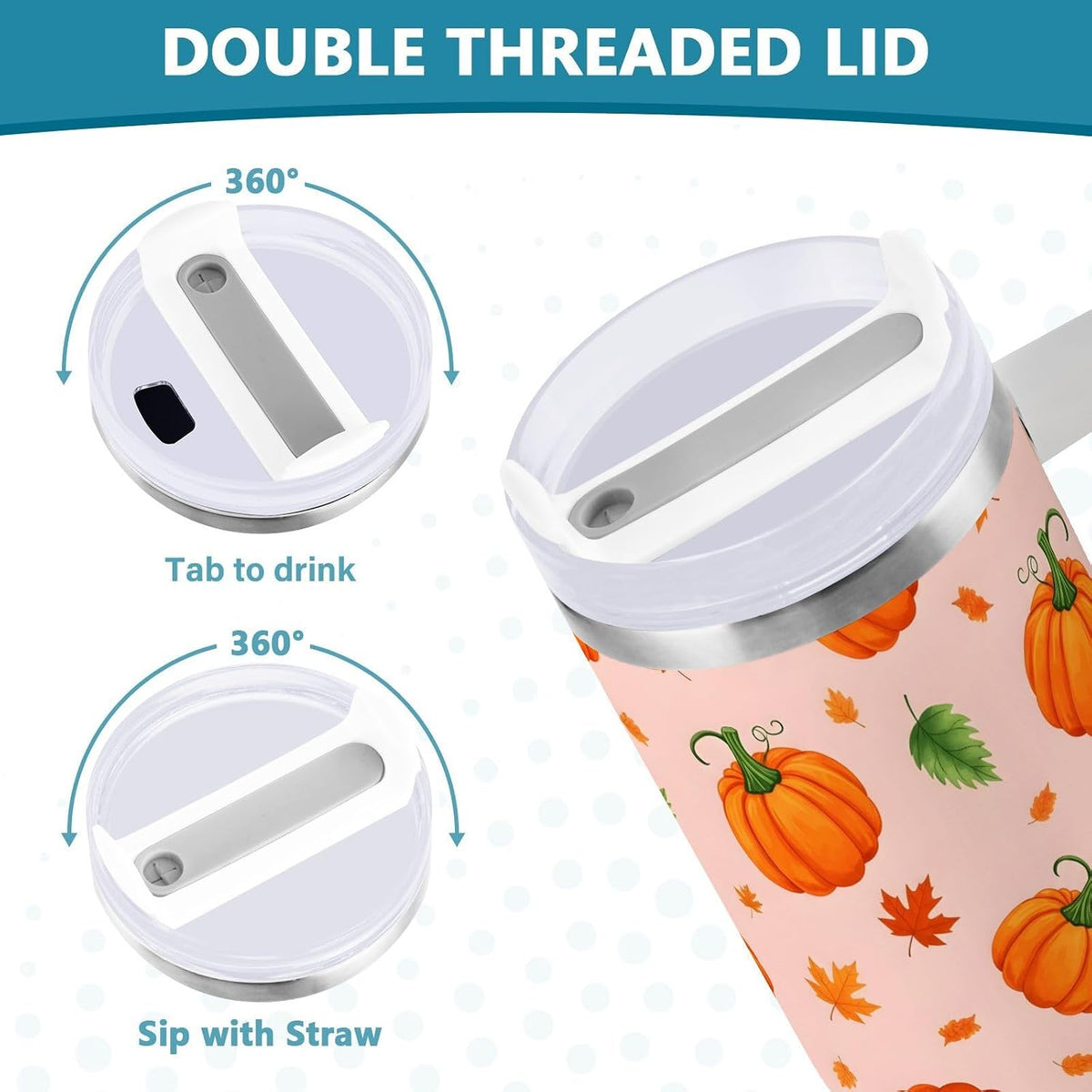 40 oz tumbler with handle and straw Pumpkin Leaves Pattern on Peach Stainless Steel Tumbler Leakproof Water Bottle Vacuum Insulated Cups With Lid Travel Mug For Car Cup Holder
