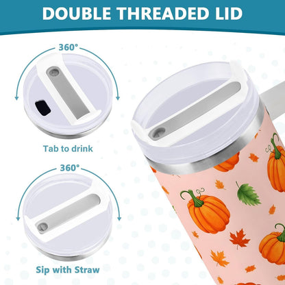 40 oz tumbler with handle and straw Pumpkin Leaves Pattern on Peach Stainless Steel Tumbler Leakproof Water Bottle Vacuum Insulated Cups With Lid Travel Mug For Car Cup Holder