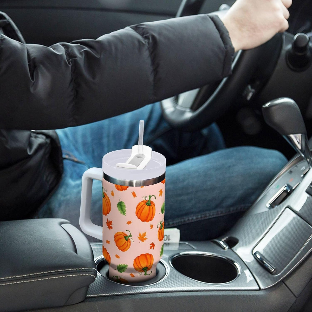 40 oz tumbler with handle and straw Pumpkin Leaves Pattern on Peach Stainless Steel Tumbler Leakproof Water Bottle Vacuum Insulated Cups With Lid Travel Mug For Car Cup Holder