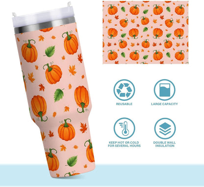 40 oz tumbler with handle and straw Pumpkin Leaves Pattern on Peach Stainless Steel Tumbler Leakproof Water Bottle Vacuum Insulated Cups With Lid Travel Mug For Car Cup Holder