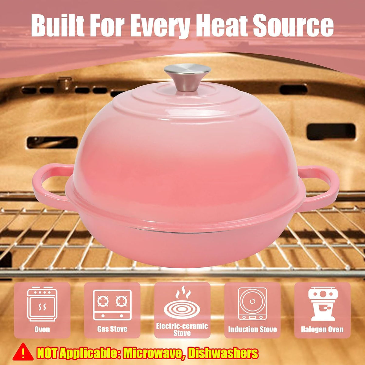 6QT Enameled Cast Iron Dutch Oven for Bread Baking – Sourdough Starter Kit with Cotton Basket, Bread Sling, Lame, Brush & Handle Cover – Multi-Purpose Pot for Baking, Frying, Braising – Pink