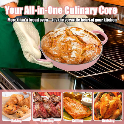 6QT Enameled Cast Iron Dutch Oven for Bread Baking – Sourdough Starter Kit with Cotton Basket, Bread Sling, Lame, Brush & Handle Cover – Multi-Purpose Pot for Baking, Frying, Braising – Pink