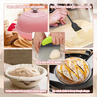 6QT Enameled Cast Iron Dutch Oven for Bread Baking – Sourdough Starter Kit with Cotton Basket, Bread Sling, Lame, Brush & Handle Cover – Multi-Purpose Pot for Baking, Frying, Braising – Pink