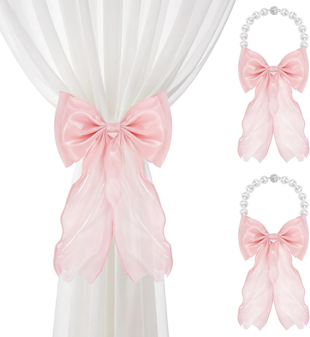 Magnetic Bow Curtain Tiebacks, Pearl Curtain Ties Holdbacks, 2 Pack