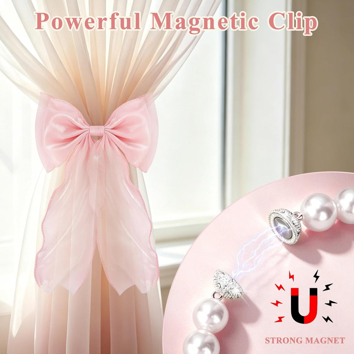 Magnetic Bow Curtain Tiebacks, Pearl Curtain Ties Holdbacks, 2 Pack