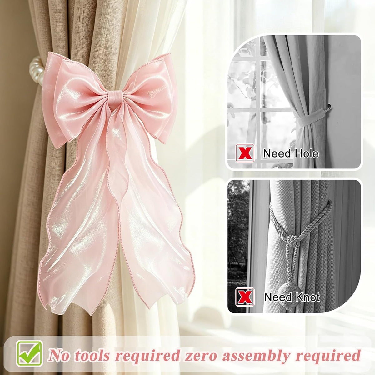 Magnetic Bow Curtain Tiebacks, Pearl Curtain Ties Holdbacks, 2 Pack