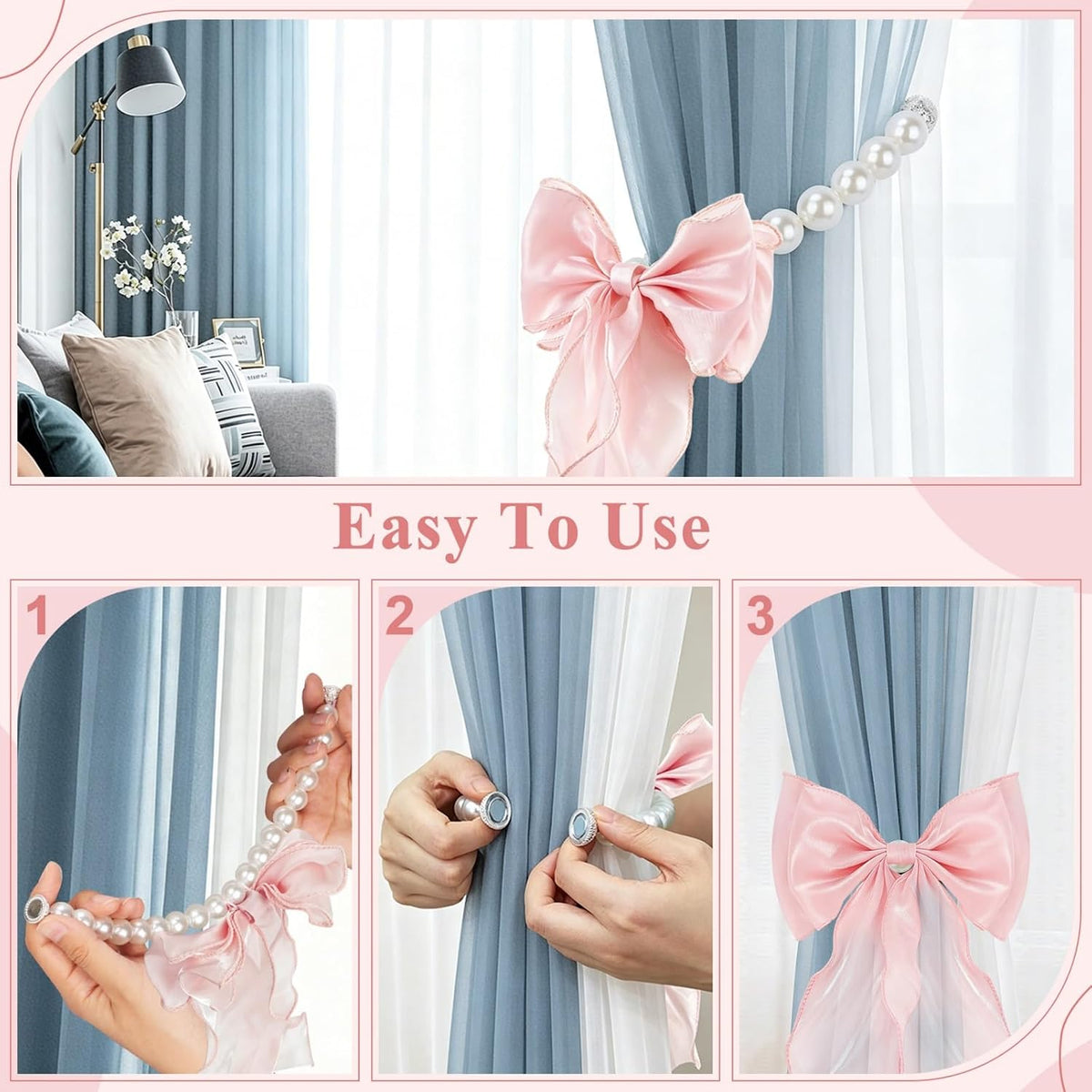 Magnetic Bow Curtain Tiebacks, Pearl Curtain Ties Holdbacks, 2 Pack