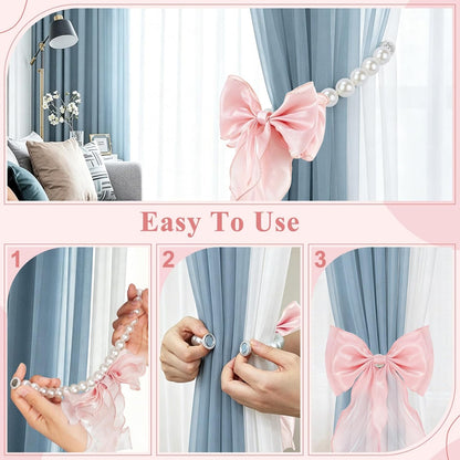 Magnetic Bow Curtain Tiebacks, Pearl Curtain Ties Holdbacks, 2 Pack