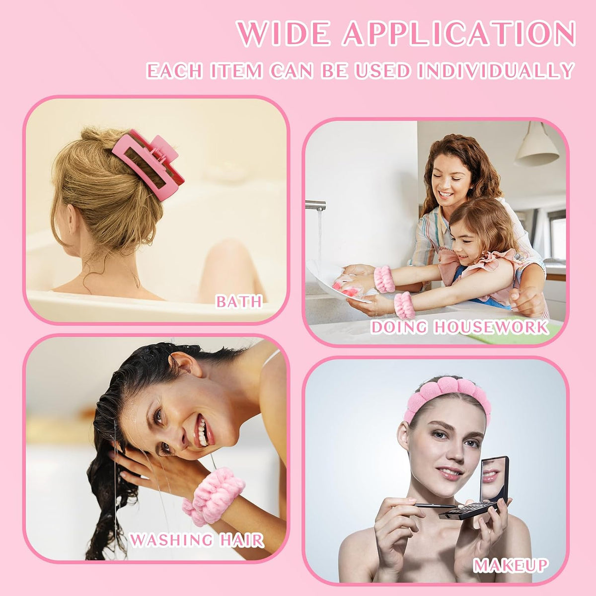 Wecoe Pink Spa Headband and Wristband Set for Face Washing, Makeup Application, Skincare Routine, 3-Piece Hair Accessories Kit with Hair Clip