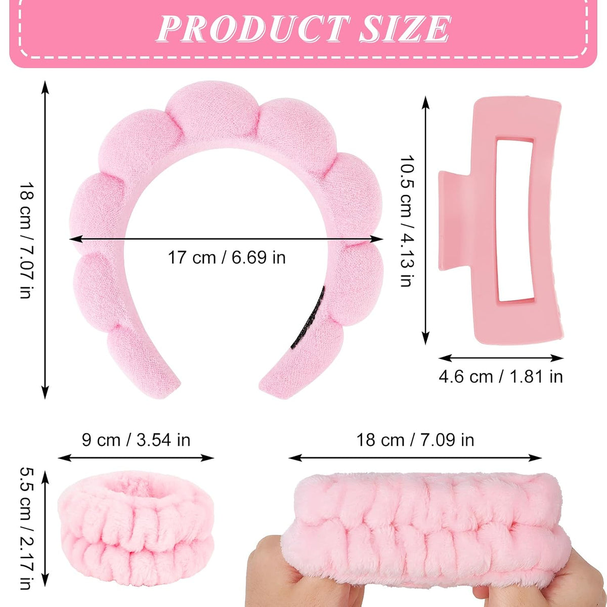 Wecoe Pink Spa Headband and Wristband Set for Face Washing, Makeup Application, Skincare Routine, 3-Piece Hair Accessories Kit with Hair Clip