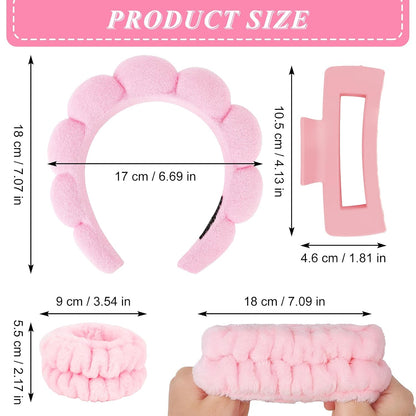 Wecoe Pink Spa Headband and Wristband Set for Face Washing, Makeup Application, Skincare Routine, 3-Piece Hair Accessories Kit with Hair Clip