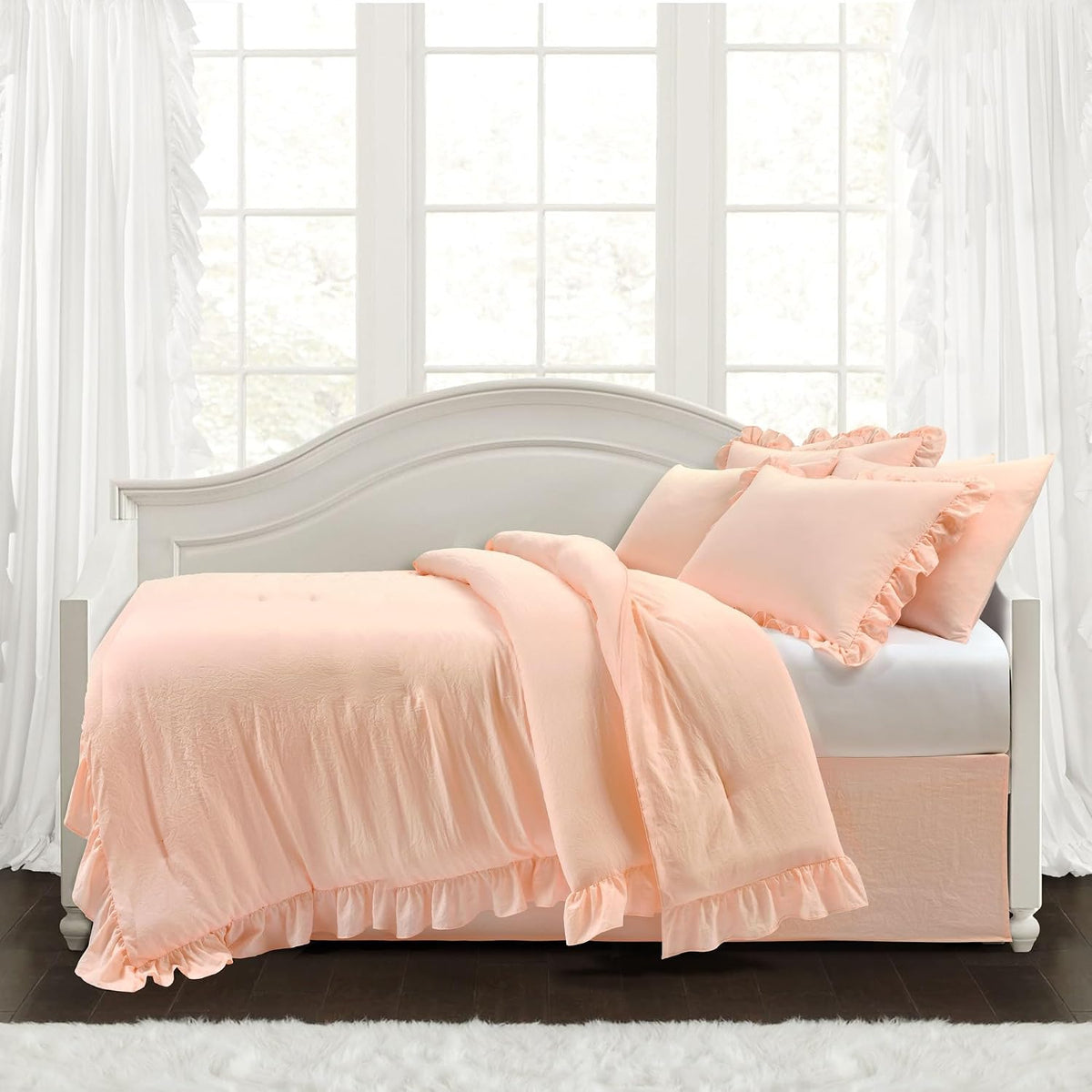 Reyna Ruffle Daybed 6 Piece Set 68" W x 92" L, Blush - Pink Bedding Set - Daybed Comforter Set - Ruffled Bedding - Coquette Decor