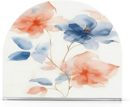 A Soft Watercolor Few Flowers Pastel Peach and Blue Tones on White Background with Thin Gold Metall Napkin Holder for Tables Paper Cocktail Napkin HoldersKitchen Dinning,Acrylic Dinner Napk