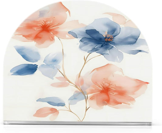 A Soft Watercolor Few Flowers Pastel Peach and Blue Tones on White Background with Thin Gold Metall Napkin Holder for Tables Paper Cocktail Napkin HoldersKitchen Dinning,Acrylic Dinner Napk