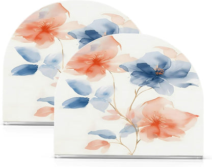 A Soft Watercolor Few Flowers Pastel Peach and Blue Tones on White Background with Thin Gold Metall Napkin Holder for Tables Paper Cocktail Napkin HoldersKitchen Dinning,Acrylic Dinner Napk