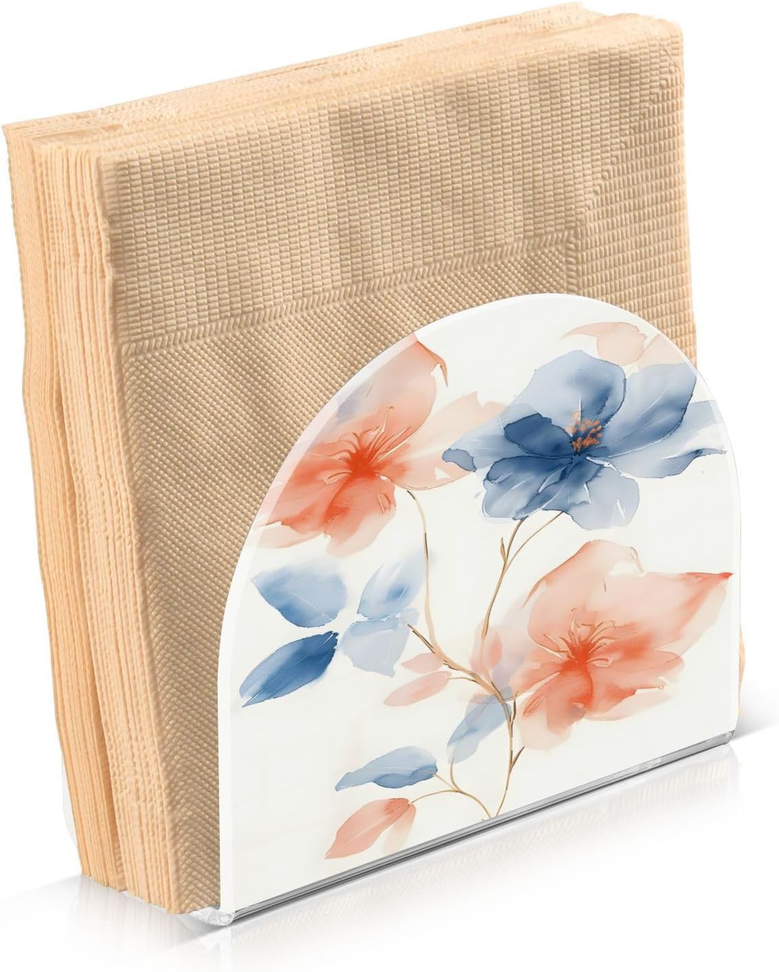 A Soft Watercolor Few Flowers Pastel Peach and Blue Tones on White Background with Thin Gold Metall Napkin Holder for Tables Paper Cocktail Napkin HoldersKitchen Dinning,Acrylic Dinner Napk