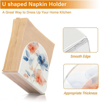A Soft Watercolor Few Flowers Pastel Peach and Blue Tones on White Background with Thin Gold Metall Napkin Holder for Tables Paper Cocktail Napkin HoldersKitchen Dinning,Acrylic Dinner Napk