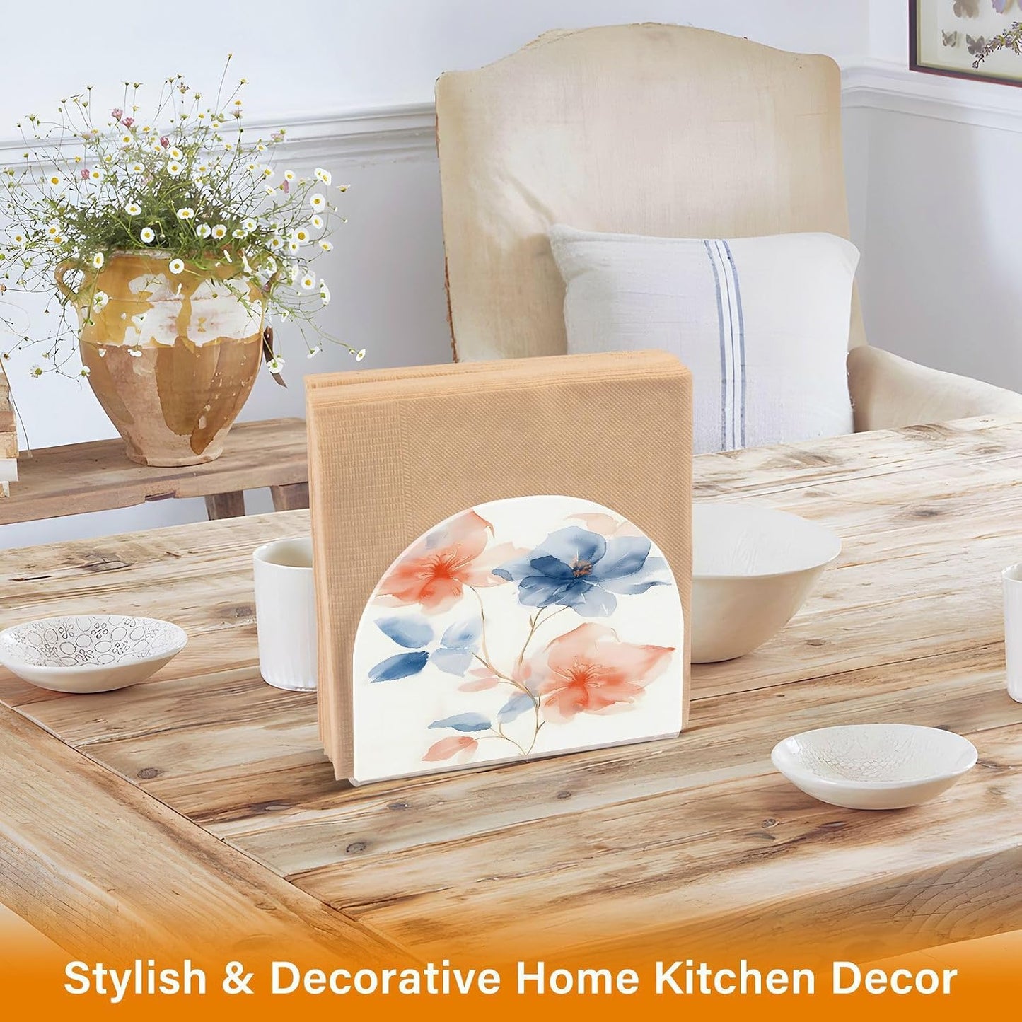 A Soft Watercolor Few Flowers Pastel Peach and Blue Tones on White Background with Thin Gold Metall Napkin Holder for Tables Paper Cocktail Napkin HoldersKitchen Dinning,Acrylic Dinner Napk