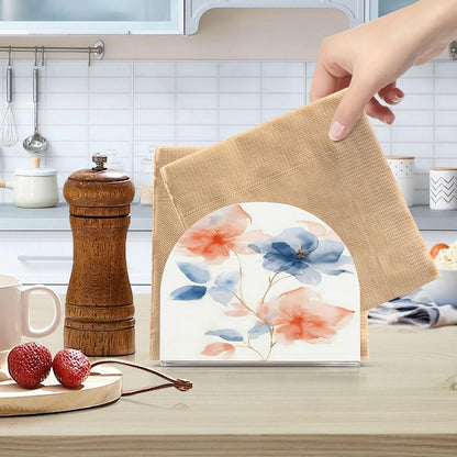 A Soft Watercolor Few Flowers Pastel Peach and Blue Tones on White Background with Thin Gold Metall Napkin Holder for Tables Paper Cocktail Napkin HoldersKitchen Dinning,Acrylic Dinner Napk