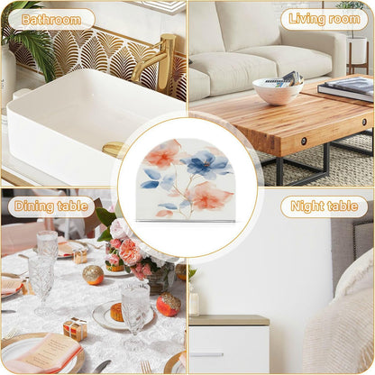 A Soft Watercolor Few Flowers Pastel Peach and Blue Tones on White Background with Thin Gold Metall Napkin Holder for Tables Paper Cocktail Napkin HoldersKitchen Dinning,Acrylic Dinner Napk