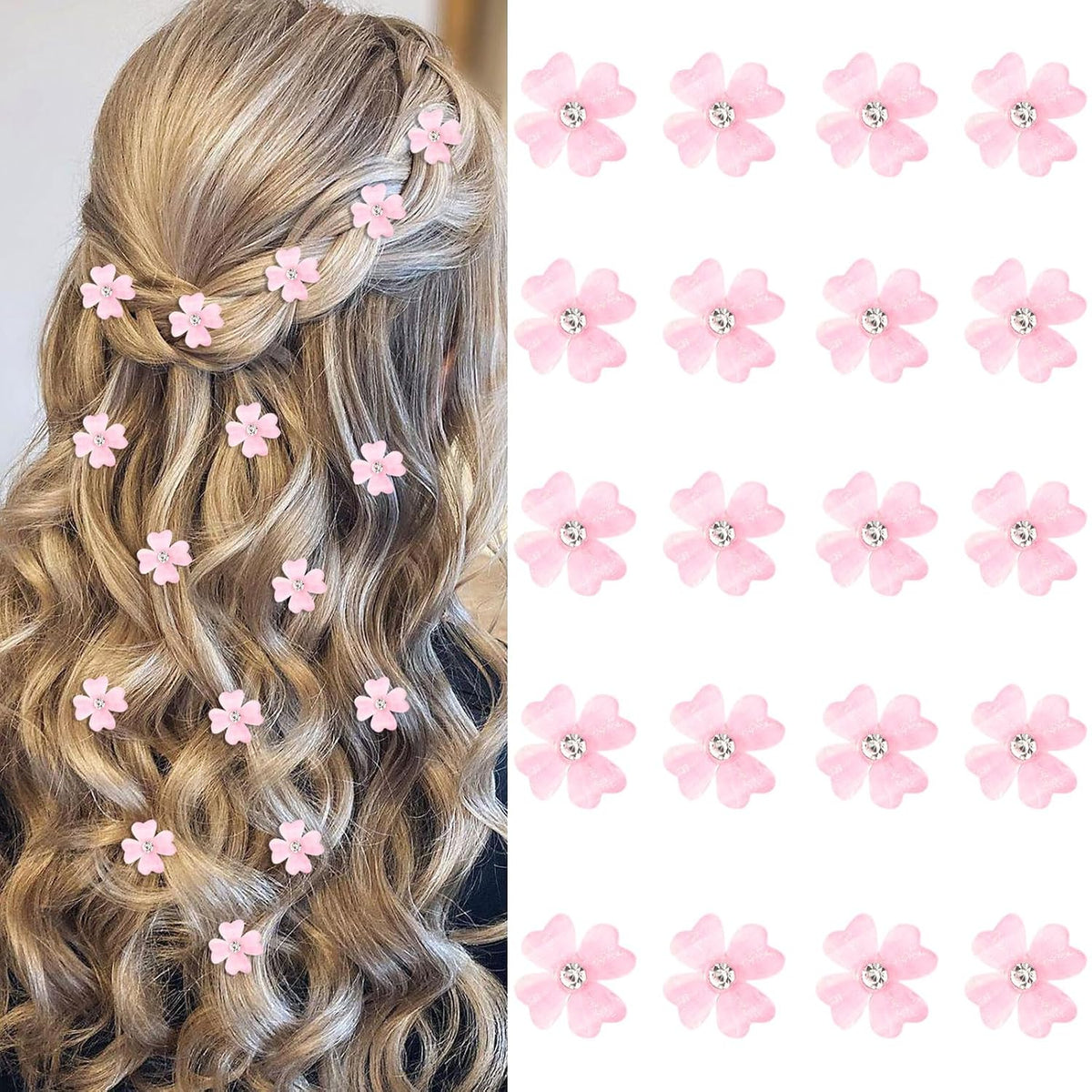 20Pcs Mini Light Pink Flower Hair Clips, Rhinestone Decorative Hair Pins for Women and Girls Wedding Bridal Prom Daily Hairstyle Accessories