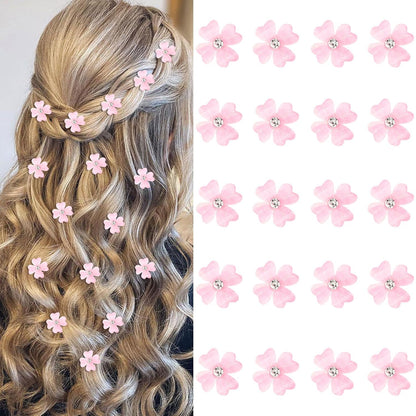 20Pcs Mini Light Pink Flower Hair Clips, Rhinestone Decorative Hair Pins for Women and Girls Wedding Bridal Prom Daily Hairstyle Accessories