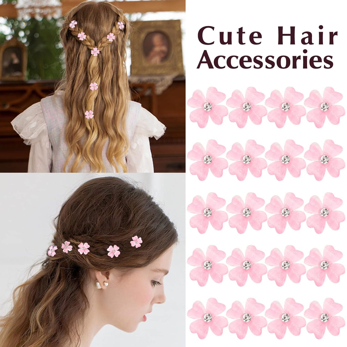 20Pcs Mini Light Pink Flower Hair Clips, Rhinestone Decorative Hair Pins for Women and Girls Wedding Bridal Prom Daily Hairstyle Accessories