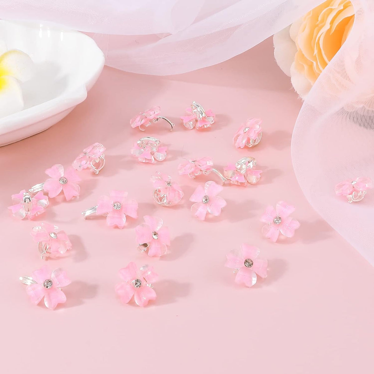 20Pcs Mini Light Pink Flower Hair Clips, Rhinestone Decorative Hair Pins for Women and Girls Wedding Bridal Prom Daily Hairstyle Accessories