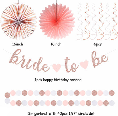 Light-Pink Rose-Gold Bachelorette Party-Decorations - 21pcs Baby Bridal Shower Banner Garland, Bride To Be Paper Streamers Lanterns,flower Tissue Pom Poms Fan Supplies,Wedding Backdrop Decor