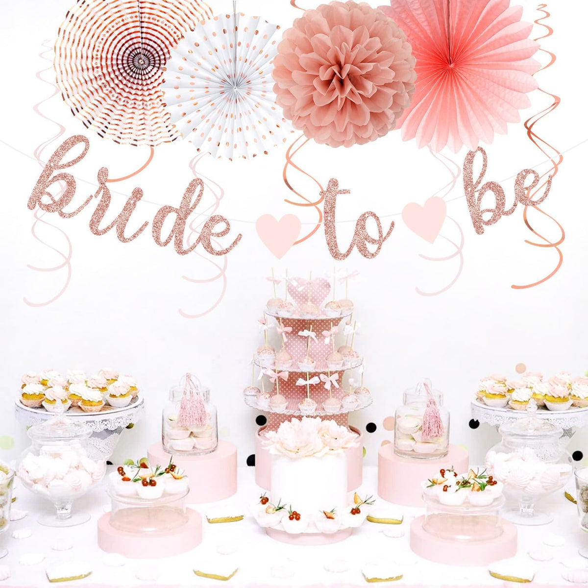 Light-Pink Rose-Gold Bachelorette Party-Decorations - 21pcs Baby Bridal Shower Banner Garland, Bride To Be Paper Streamers Lanterns,flower Tissue Pom Poms Fan Supplies,Wedding Backdrop Decor