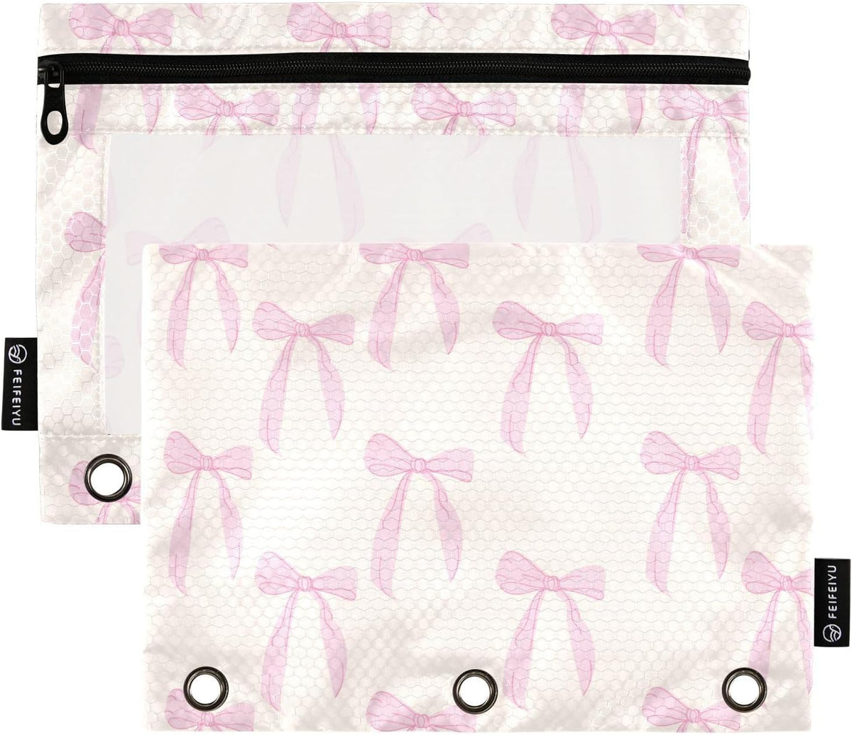 Pencil Pouch for 3 Ring Binder Coquette Bows Cute Pink 2 Pack Clear Window Pencil Bags with Zipper Pencil Case