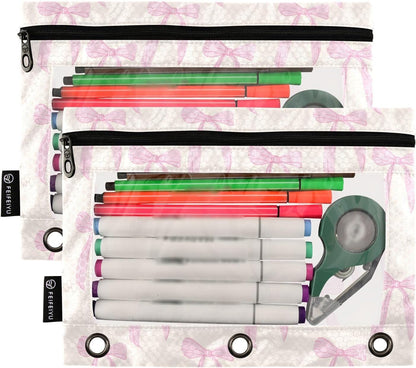 Pencil Pouch for 3 Ring Binder Coquette Bows Cute Pink 2 Pack Clear Window Pencil Bags with Zipper Pencil Case