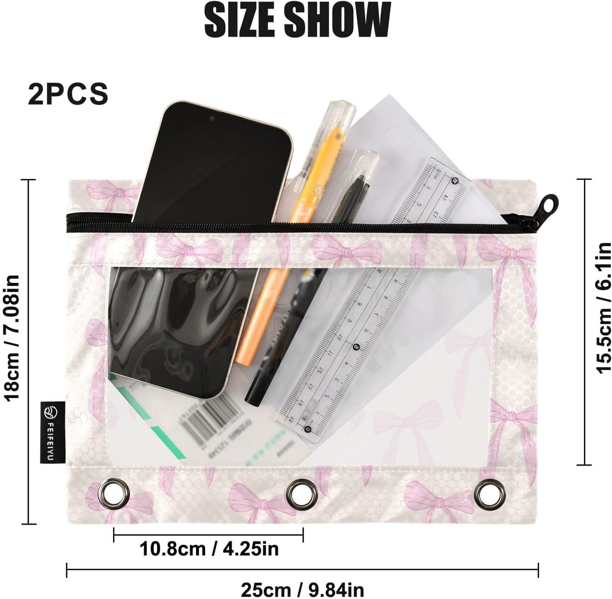 Pencil Pouch for 3 Ring Binder Coquette Bows Cute Pink 2 Pack Clear Window Pencil Bags with Zipper Pencil Case