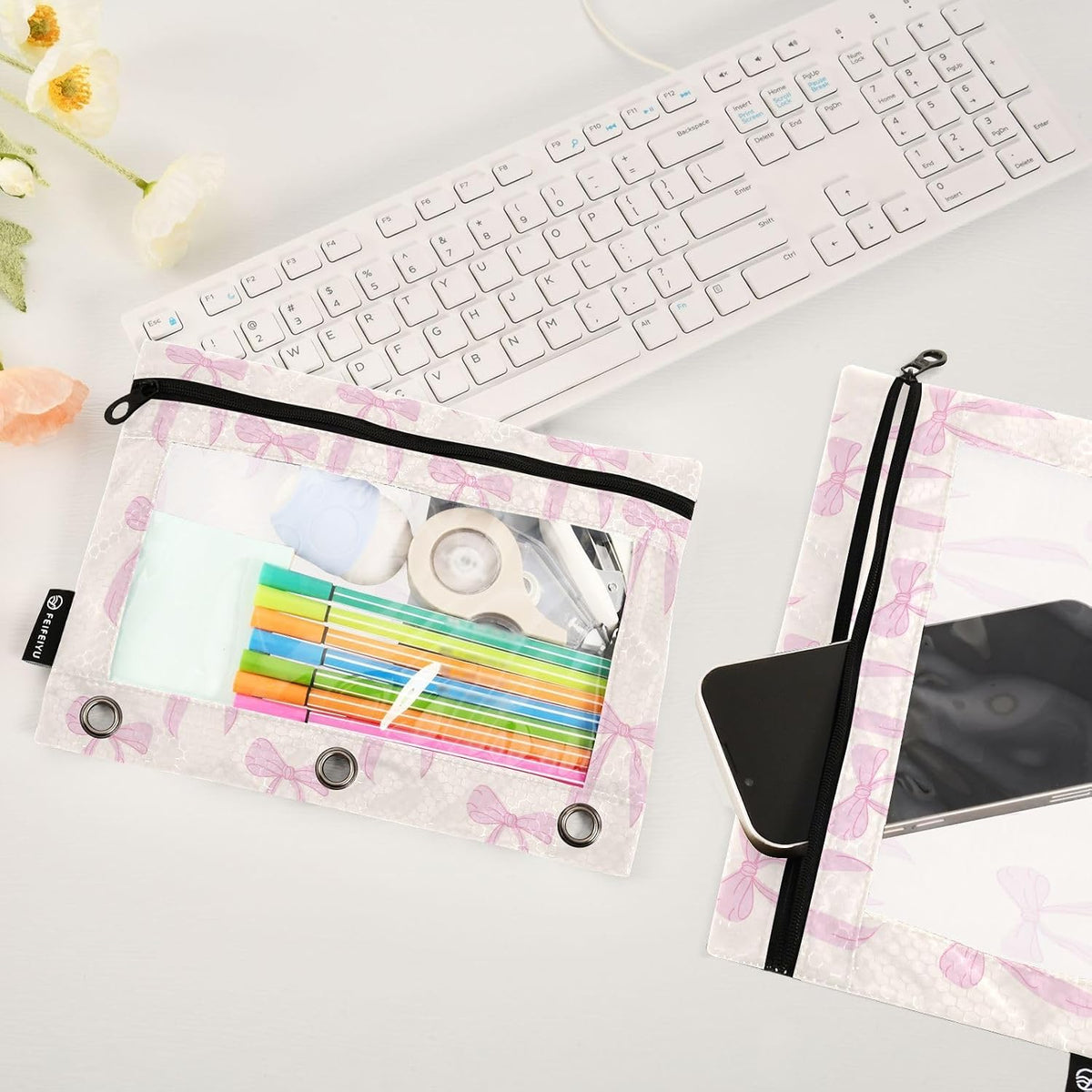 Pencil Pouch for 3 Ring Binder Coquette Bows Cute Pink 2 Pack Clear Window Pencil Bags with Zipper Pencil Case