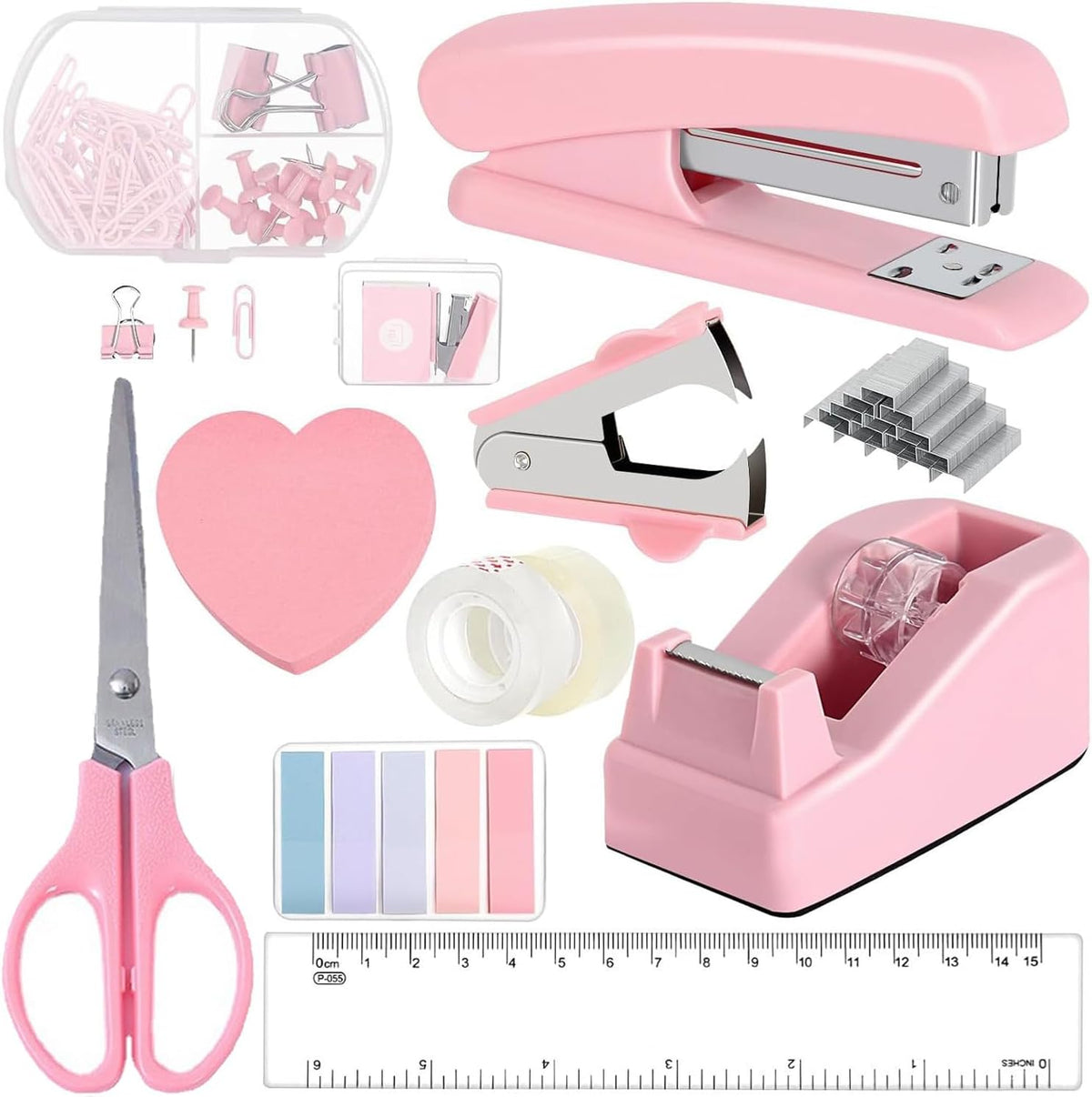12 Pack Office Supply Kit,Pink Office Supplies Includes Stapler,Tape Dispenser,Staple Remover,Staples,Clips,Scissor,Staples,Clips,Scissor,Ruler and Tabs